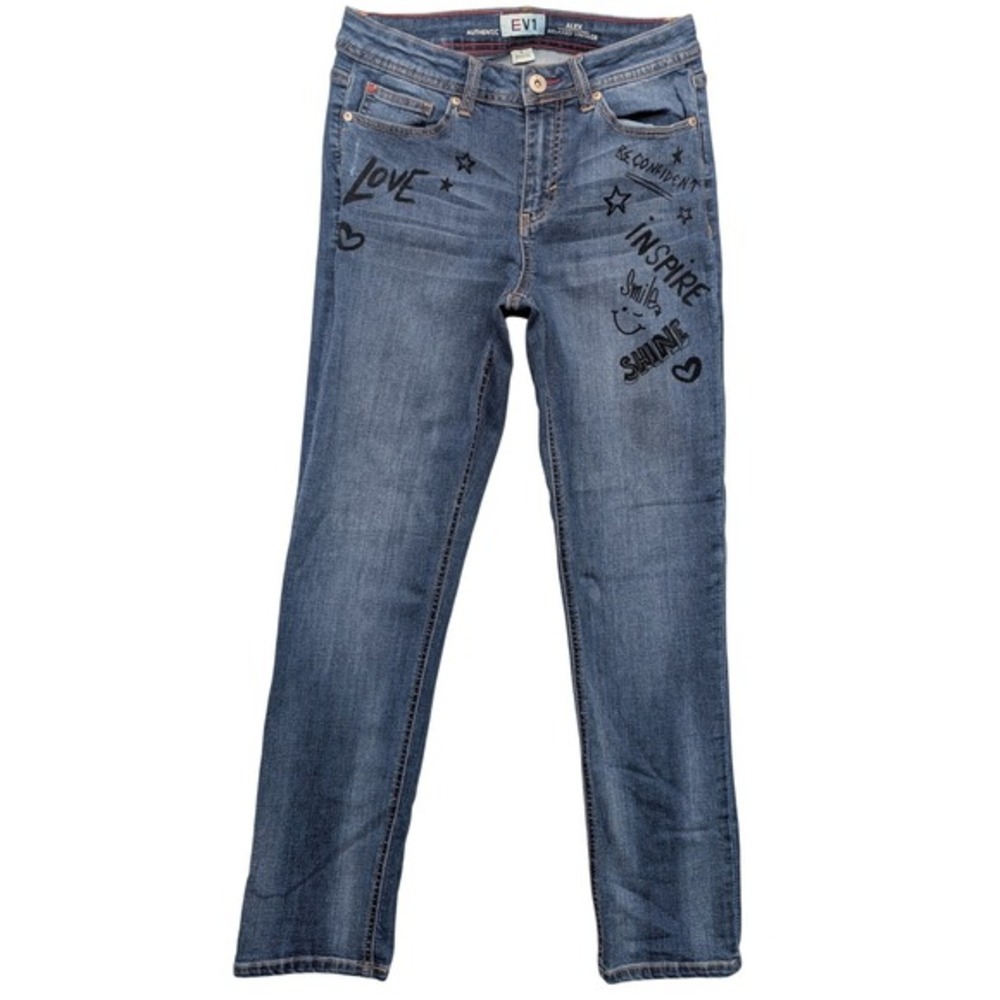 EV1 Ellen DeGeneres Alex Relaxed Vintage Jeans Women 4 Blue Doodle Graphic Print